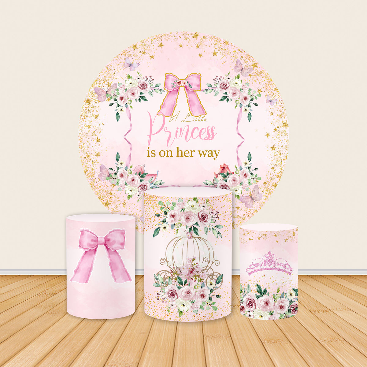 Pink Bow with Butterflies Princess Baby Shower Round Backdrop Covers ...