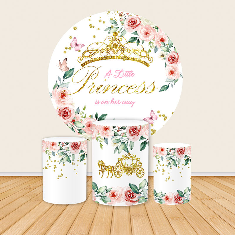 Pink Floral Gold Crown Princess Baby Shower Round Backdrop Covers-ubackdrop