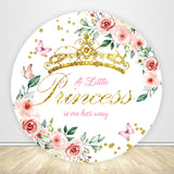 Pink Floral Gold Crown Princess Baby Shower Round Backdrop Covers