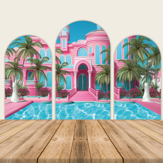 Pink Castle Themed Pool Party Decoration Backdrop-ubackdrop
