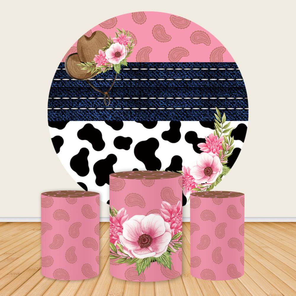 Pink Cowboy Party Round Backdrop Cover-ubackdrop