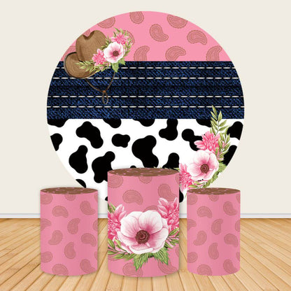 Pink Cowboy Party Round Backdrop Cover-ubackdrop