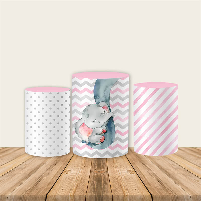 Pink Striped Elephants Theme Birthday Party Fabric Pedestal Covers-ubackdrop