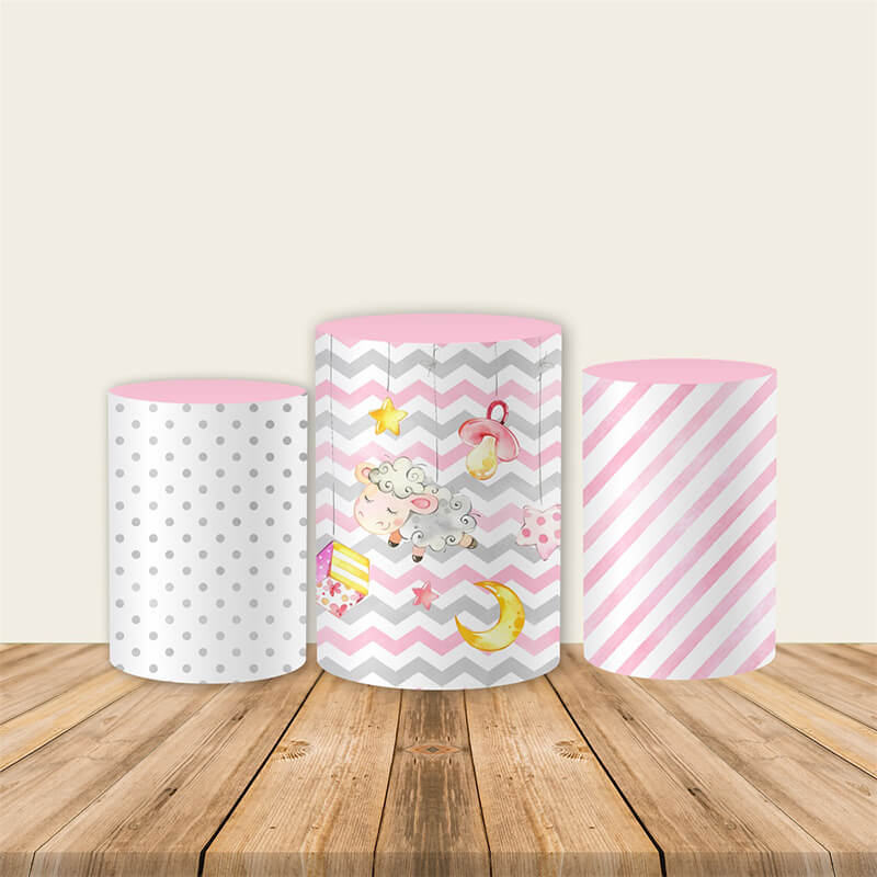Pink Striped Lamb Theme Birthday Party Fabric Pedestal Covers-ubackdrop
