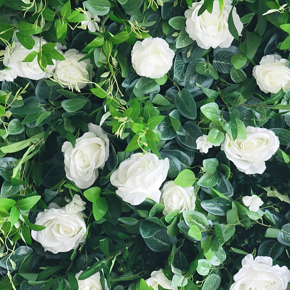 3D Pure White Roses Green Leaves Fabric Artificial Flower Wall Wedding Decoration-ubackdrop