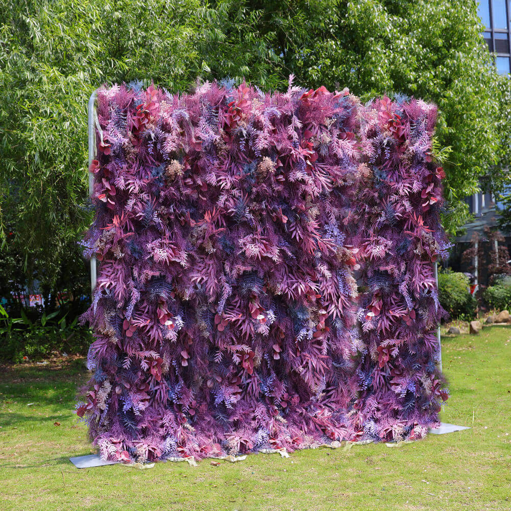 3D Purple Boho Wedding Decor Faux Spruce Leaf Flower Wall Backdrop-ubackdrop