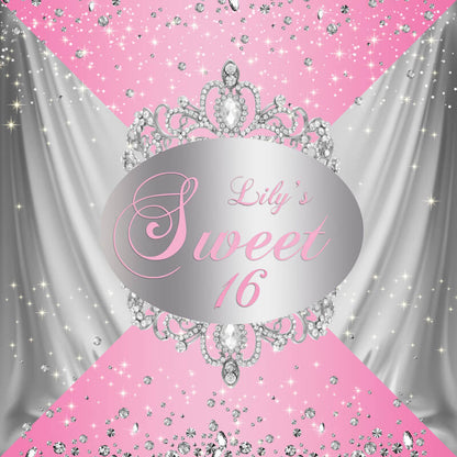 Rose Pink Sweet 16 Diamond Crown Birthday Party Backdrops-ubackdrop