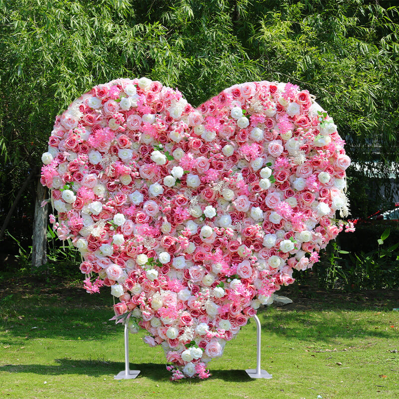 Pink Roses Heart Shaped Fabric Artificial Flower Wall Wedding Decor-ubackdrop