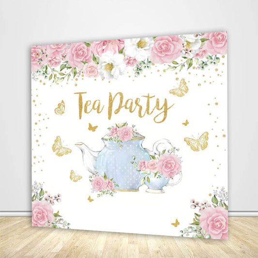Tea Party Backdrop Pink Rose Floral Gold Butterfly Cover-ubackdrop