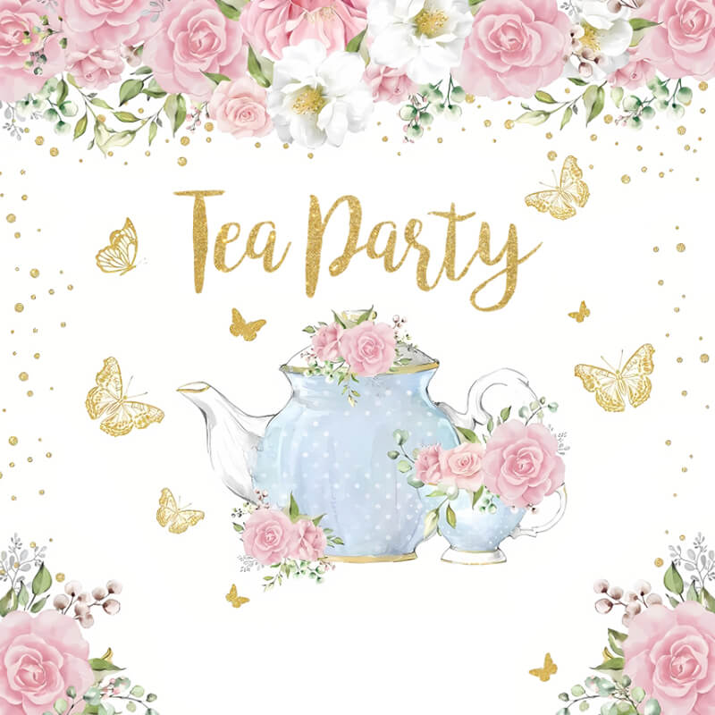 Tea Party Backdrop Pink Rose Floral Gold Butterfly Cover-ubackdrop
