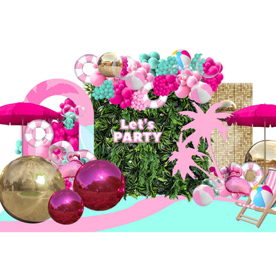 Tropical Beach Party Backdrop Set – Hot Pink & Gold Mirror Balls, Jungle Green Flower Wall, Gold Shimmer Wall & Open Arch Décor Kit
