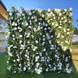 White Rose Green Leaves Fabric Roll Up Flower Wall