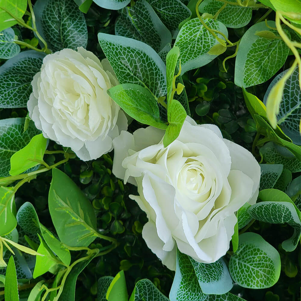 3D Pure White Roses Green Leaves Fabric Artificial Flower Wall Wedding Decoration-ubackdrop