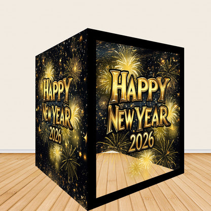 6.5x7.5ft Happy New Year Photo Booth Golden Fireworks in the Night Box-ubackdrop