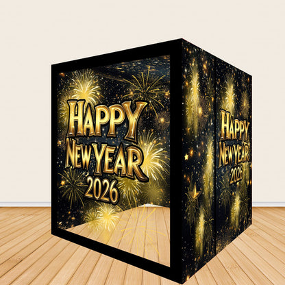 6.5x7.5ft Happy New Year Photo Booth Golden Fireworks in the Night Box-ubackdrop