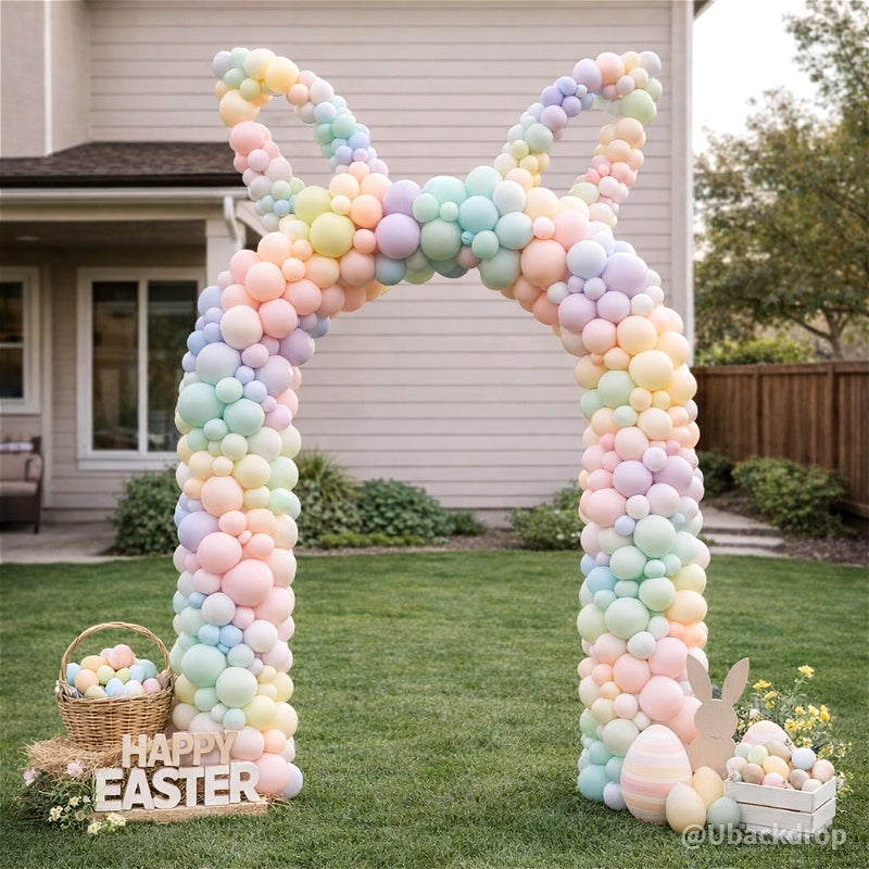 Large pastel balloon arch in a bunny ear design, ideal for Easter or spring party decor.