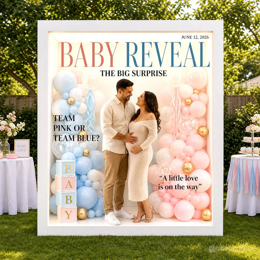 6.5x7.5ft White Baby Reveal Magazine Cover Photo Booth Prop Party Photo Box