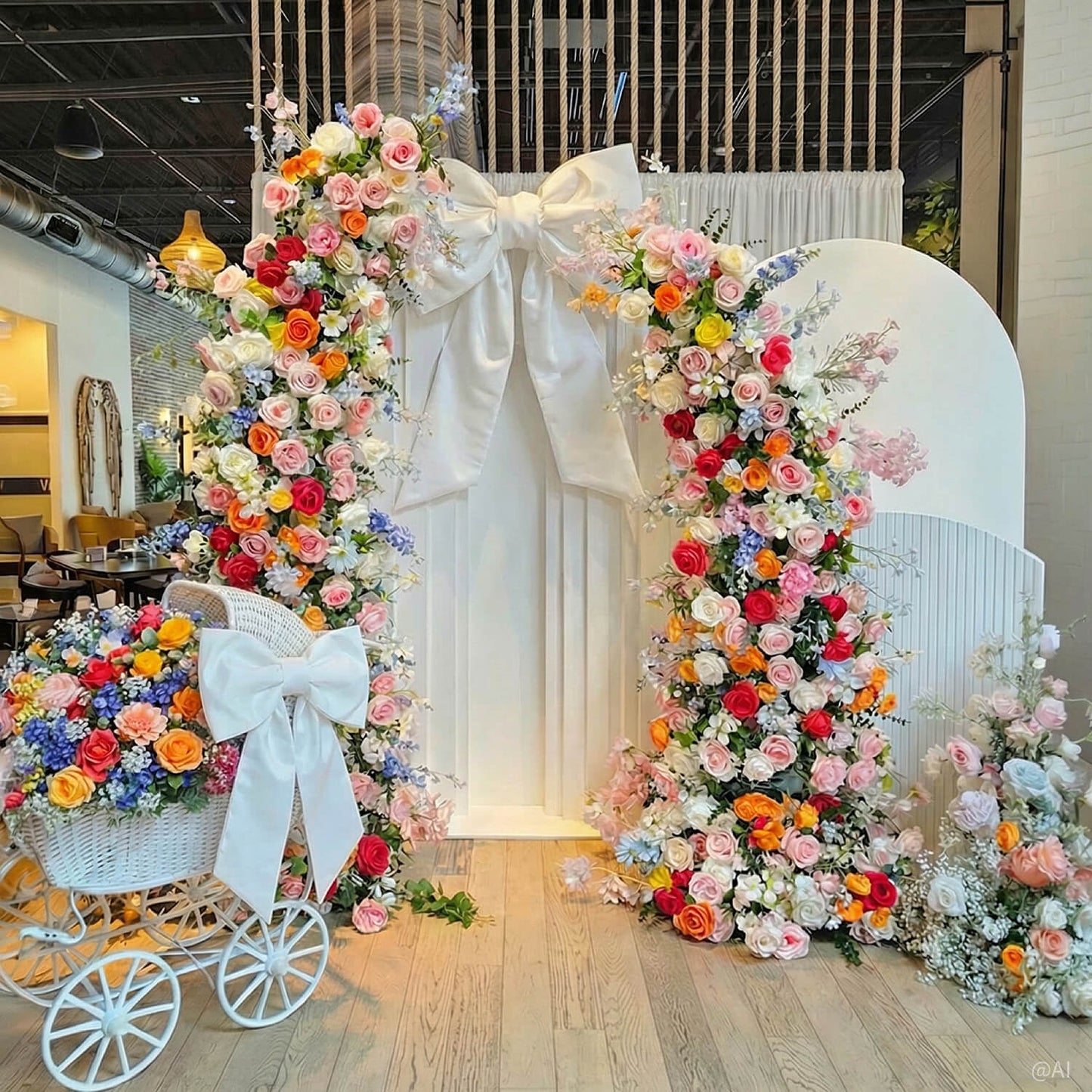 6+7FT Multi-Color Mixed Rose and Hydrangea Horn-Shaped Flower Wall for Party Decor-ubackdrop