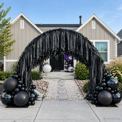 Black fringe balloon arch halloween house entrance party backdrop display