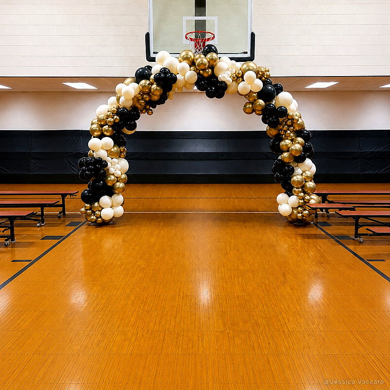 Black gold white balloon arch basketball party event backdrop
