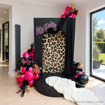 Black leopard print party photo booth pink balloon backdrop display