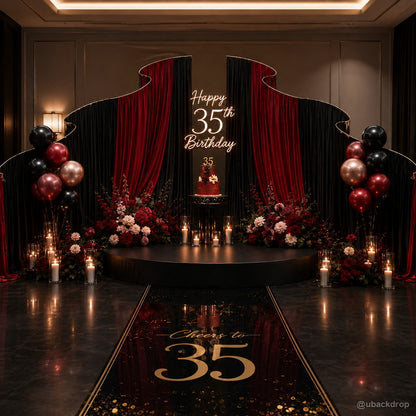 Black red curved drapery party stand thirty fifth birthday backdrop
