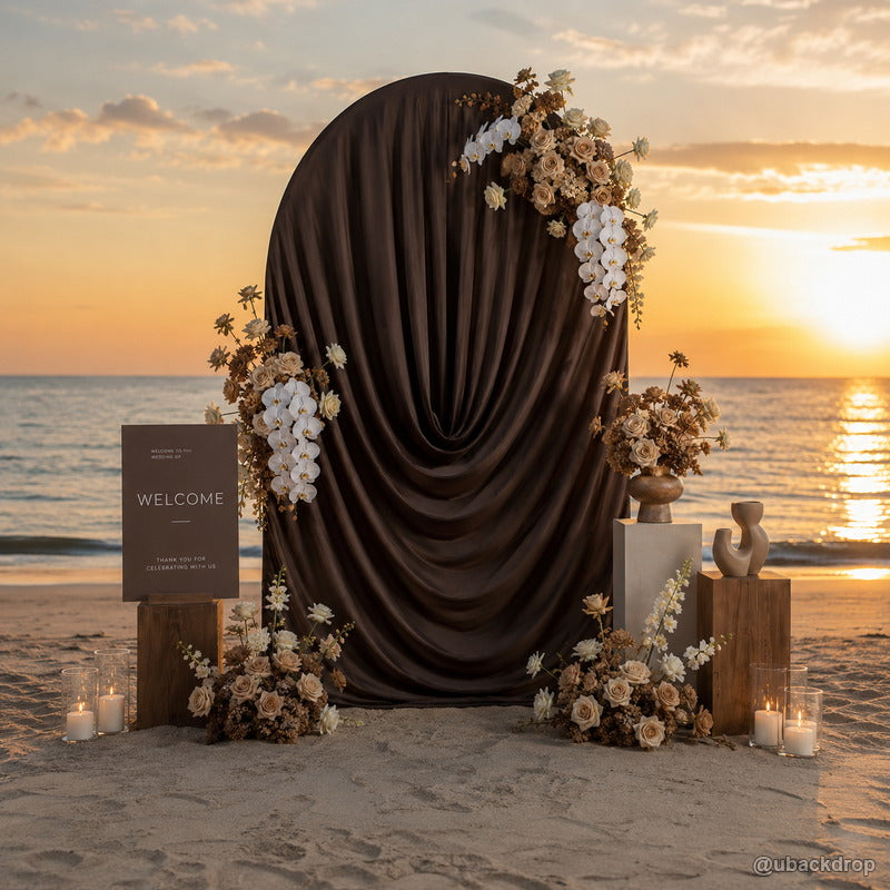 Black ruched fabric arch beach wedding party stand backdrop