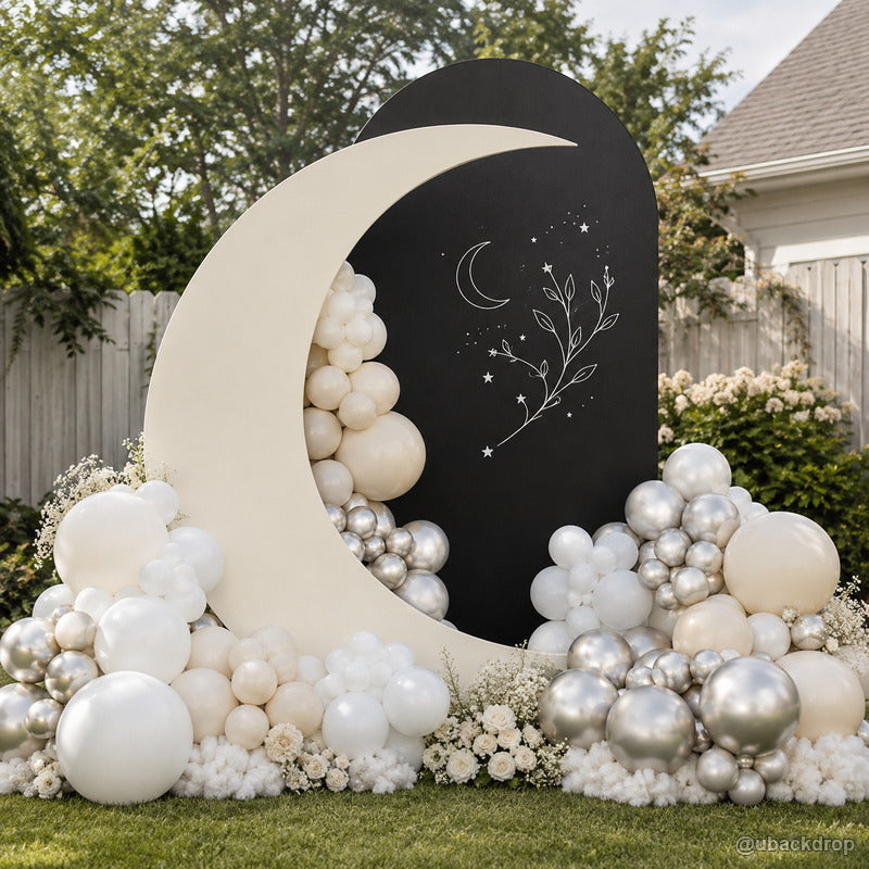 Black white crescent moon balloon party backdrop outdoor