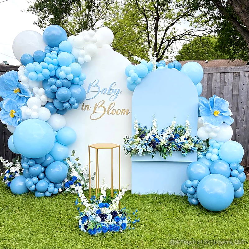 Blue baby shower balloon party stand floral backdrop display