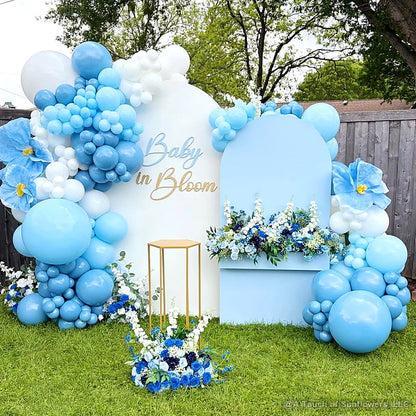 Blue baby shower balloon party stand floral backdrop display