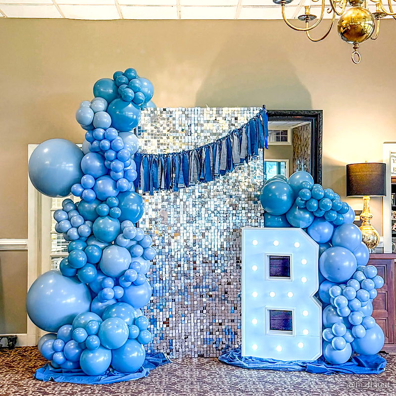 Blue balloon silver shimmer wall eighth birthday party backdrop