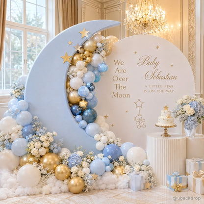 Blue crescent moon baby shower balloon party backdrop