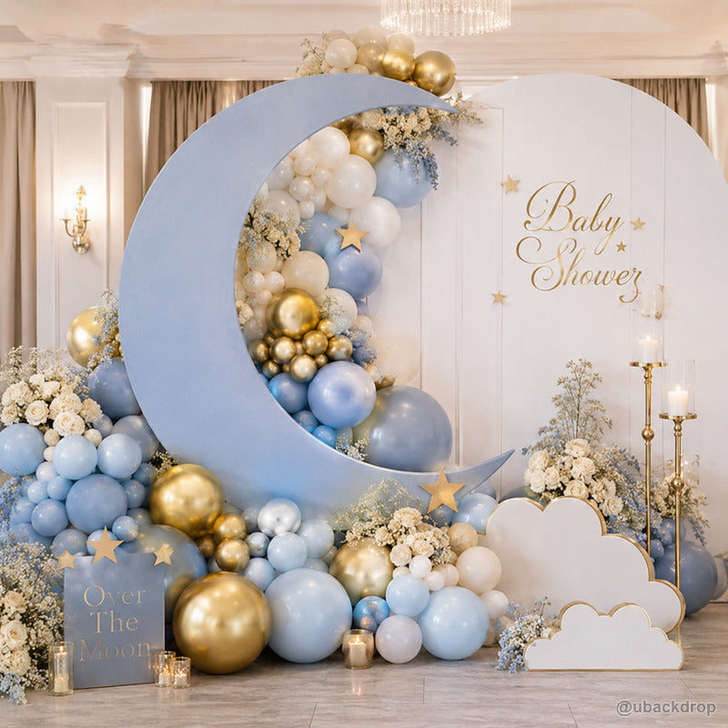 Blue crescent moon baby shower party stand backdrop