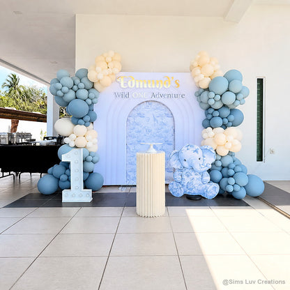 Blue elephant first birthday balloon party stand backdrop display
