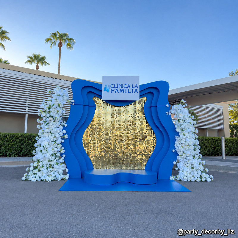 Blue gold sequin photo booth shimmer wall frame floral event backdrop installation