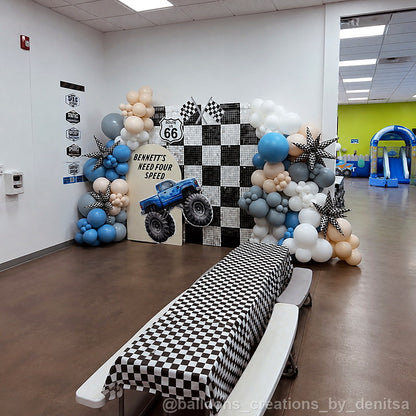 Blue race car balloon party checkered backdrop