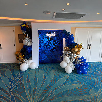 Blue sequin shimmer wall balloon graduation party photo backdrop