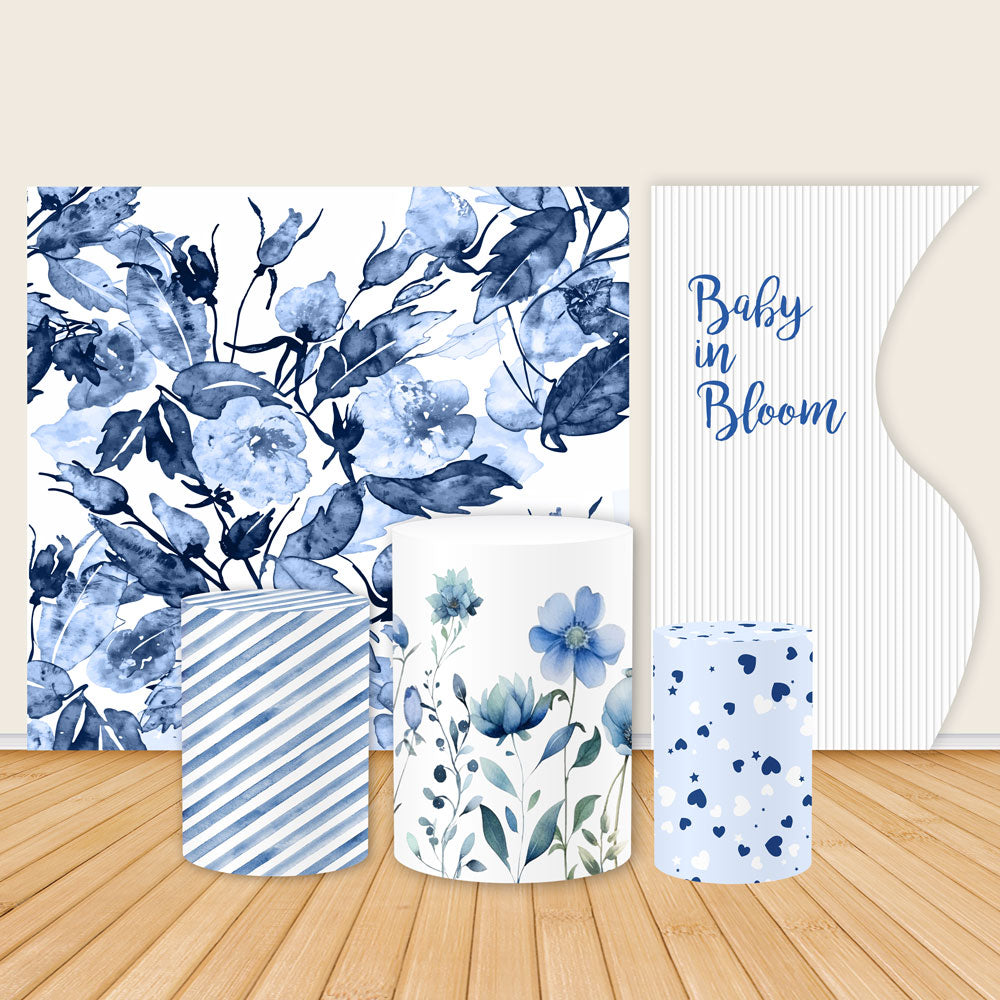 Blue Watercolor Floral Print Tension Fabric Backdrop Frame with Cover-ubackdrop