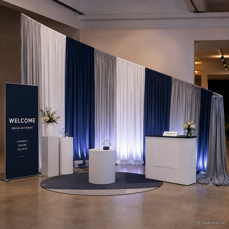 Blue white curved drapery party stand corporate event backdrop