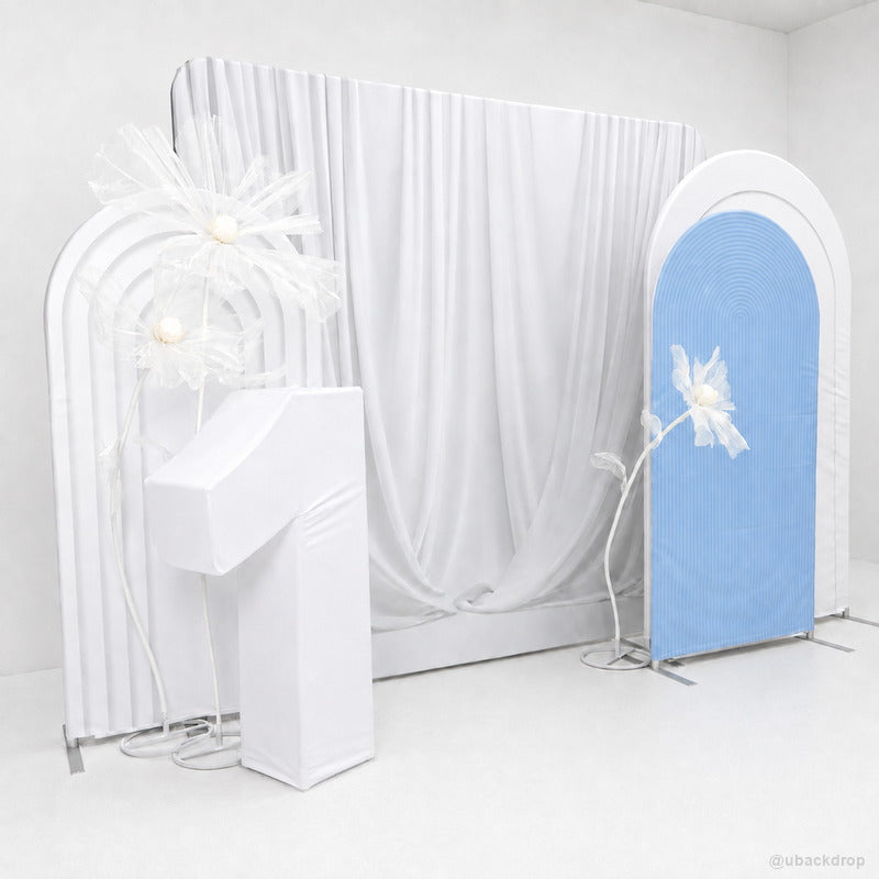 Blue white event backdrop with number one display stand