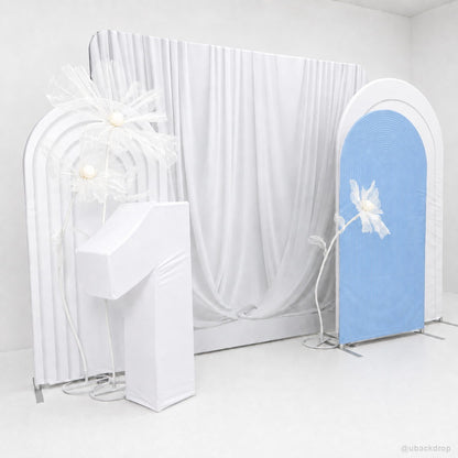 Blue white event backdrop with number one display stand