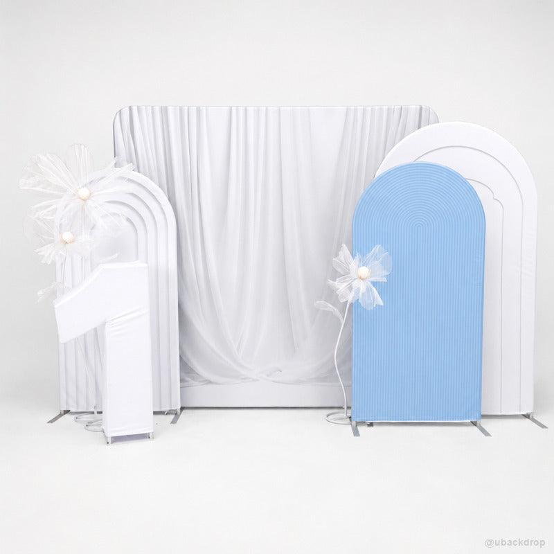 Blue white layered arch party stand photo backdrop set