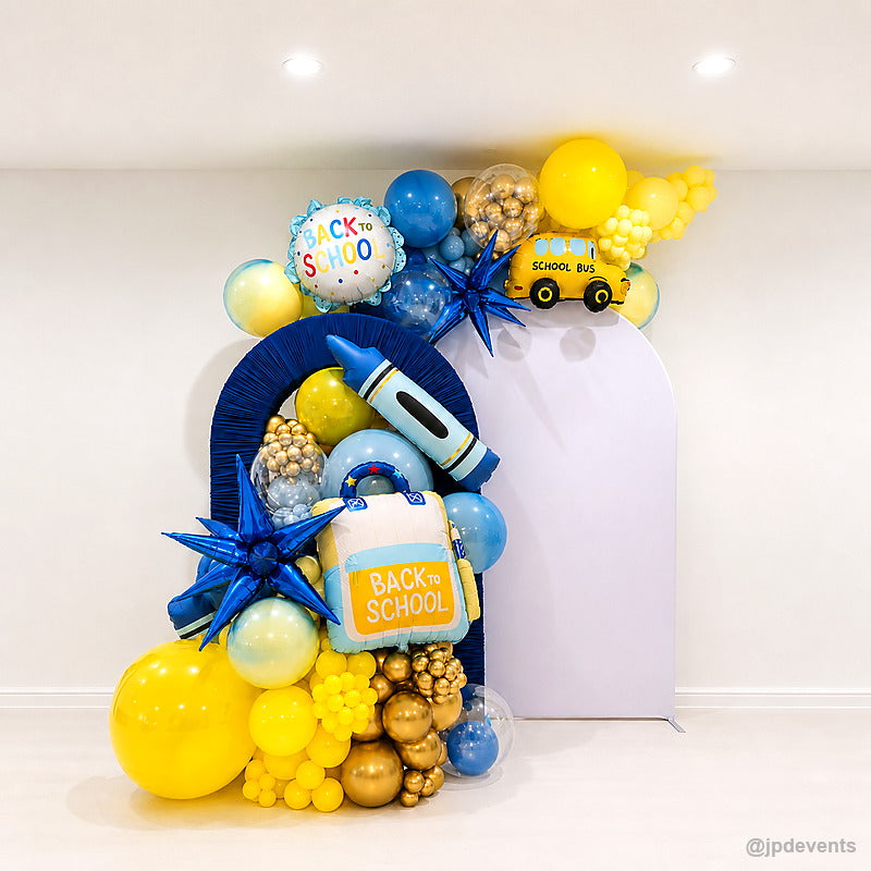 Blue yellow back to school balloon party stand backdrop