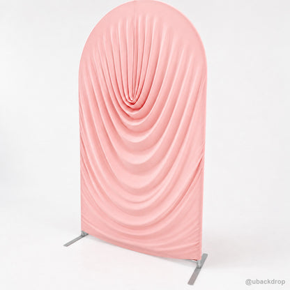 Blush pink cowl draped round arch backdrop cover right angled view