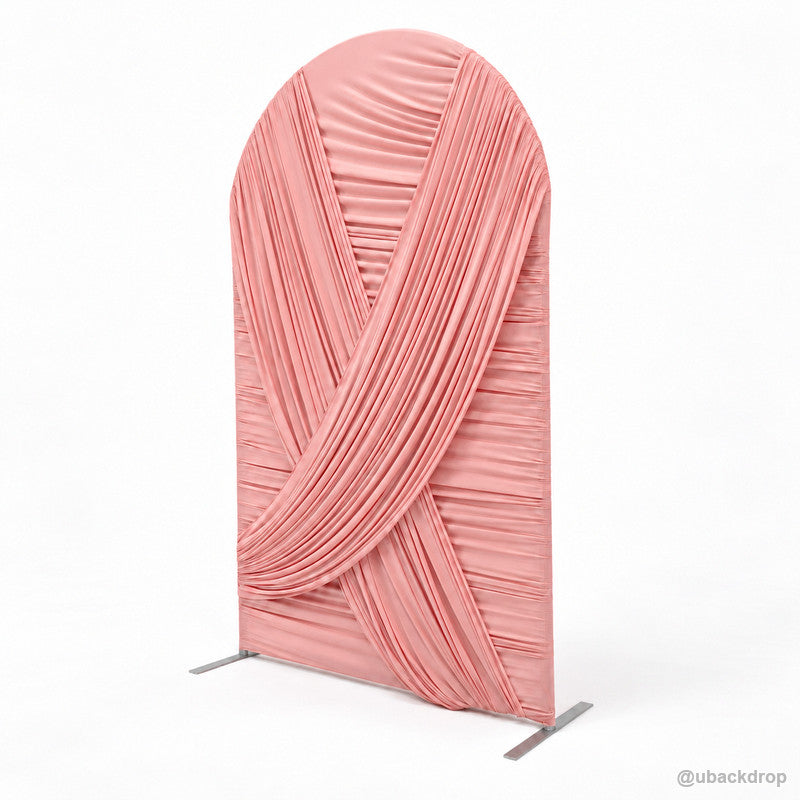 Blush pink crisscross pleated chiara arch backdrop cover angled product view