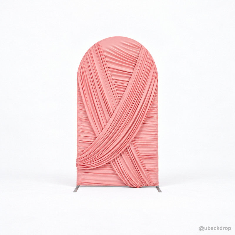 Blush pink crisscross pleated chiara arch backdrop isolated front view