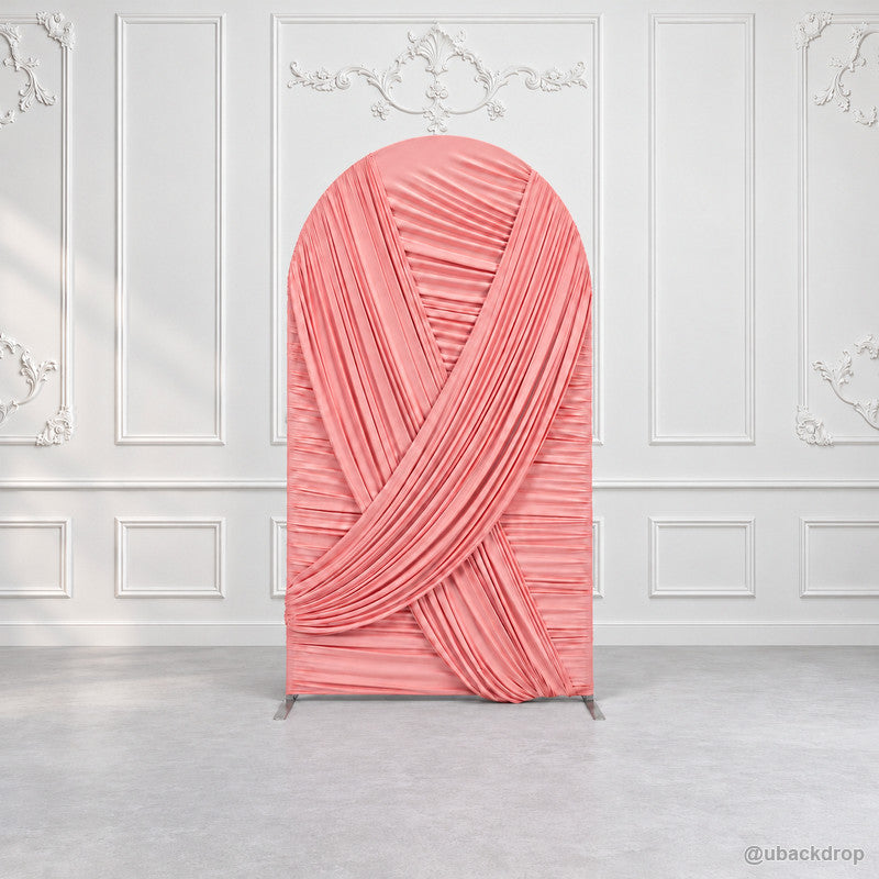 Blush pink crisscross pleated chiara arch backdrop ornate wall scene