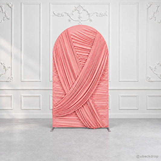 Blush pink crisscross pleated chiara arch backdrop ornate wall scene