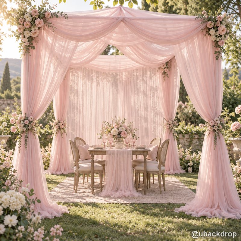 Blush pink drapery wedding party stand garden ceremony backdrop