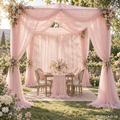 Blush pink drapery wedding party stand garden ceremony backdrop